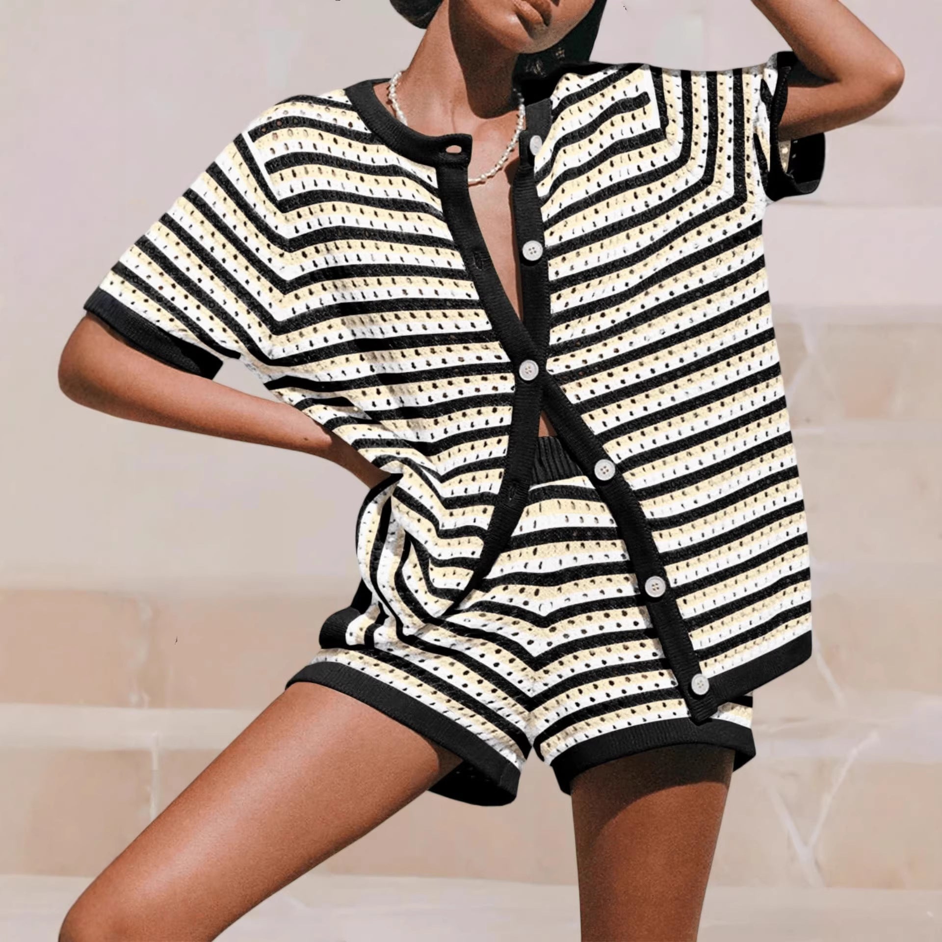 Spring Summer New Womens Knitted Colorblock Striped Short-Sleeve Two-Piece Set