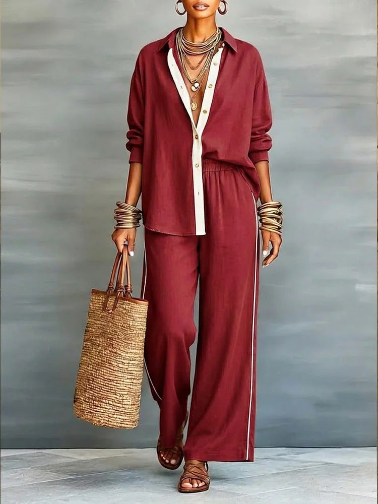 Contrast-color Casual Solid-color Loose Pants Two-piece Set