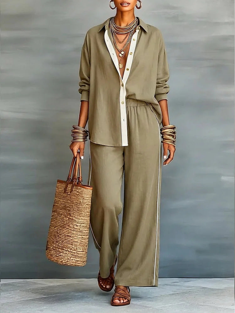 Contrast-color Casual Solid-color Loose Pants Two-piece Set