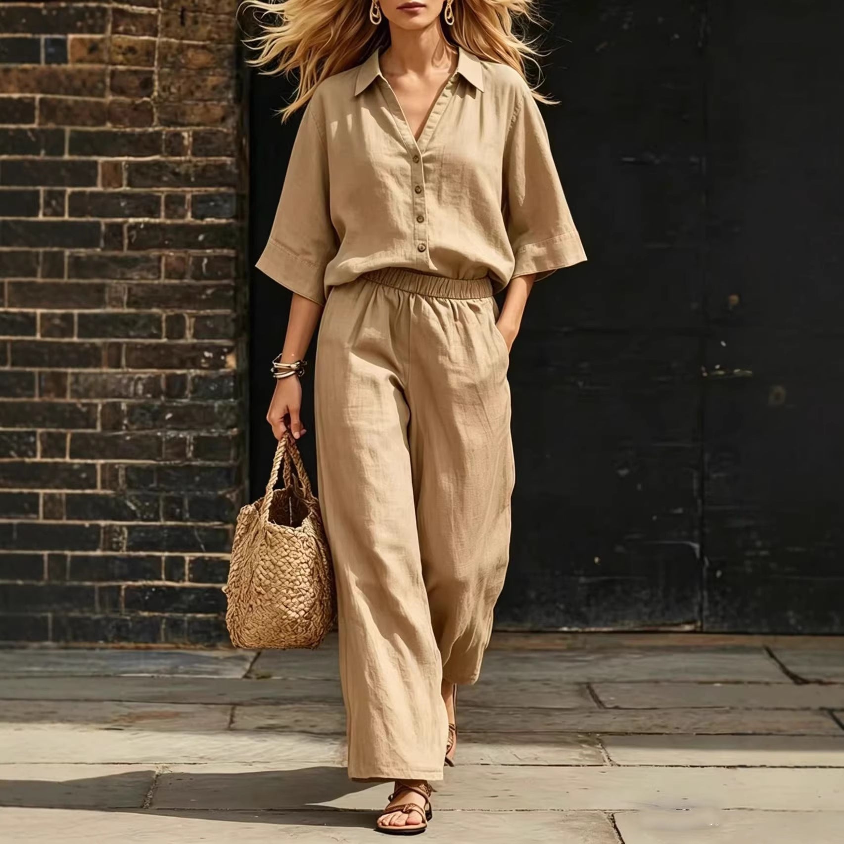 Womens Short-Sleeve Shirt And Loose Pants Two-Piece Set