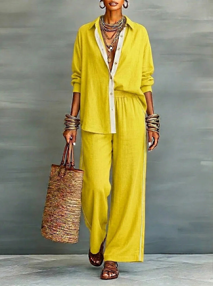 Contrast-color Casual Solid-color Loose Pants Two-piece Set