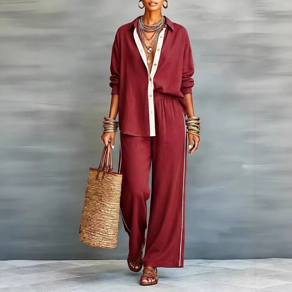 Contrast-color Casual Solid-color Loose Pants Two-piece Set