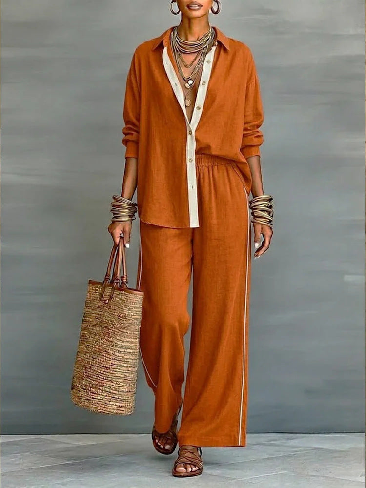 Contrast-color Casual Solid-color Loose Pants Two-piece Set