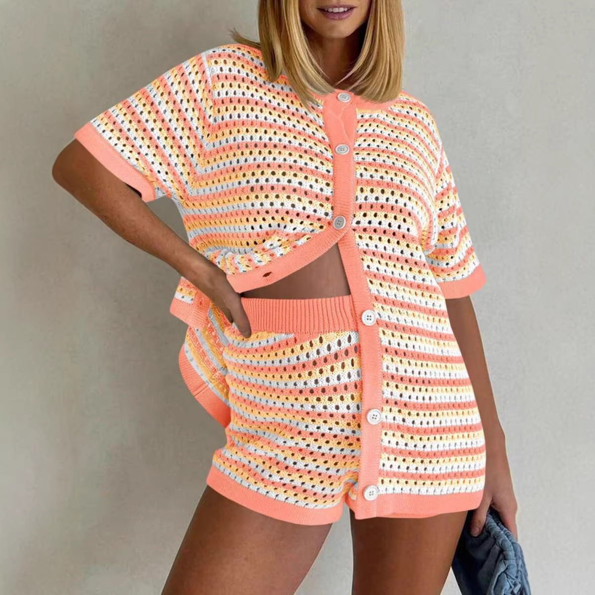 Spring Summer New Womens Knitted Colorblock Striped Short-Sleeve Two-Piece Set