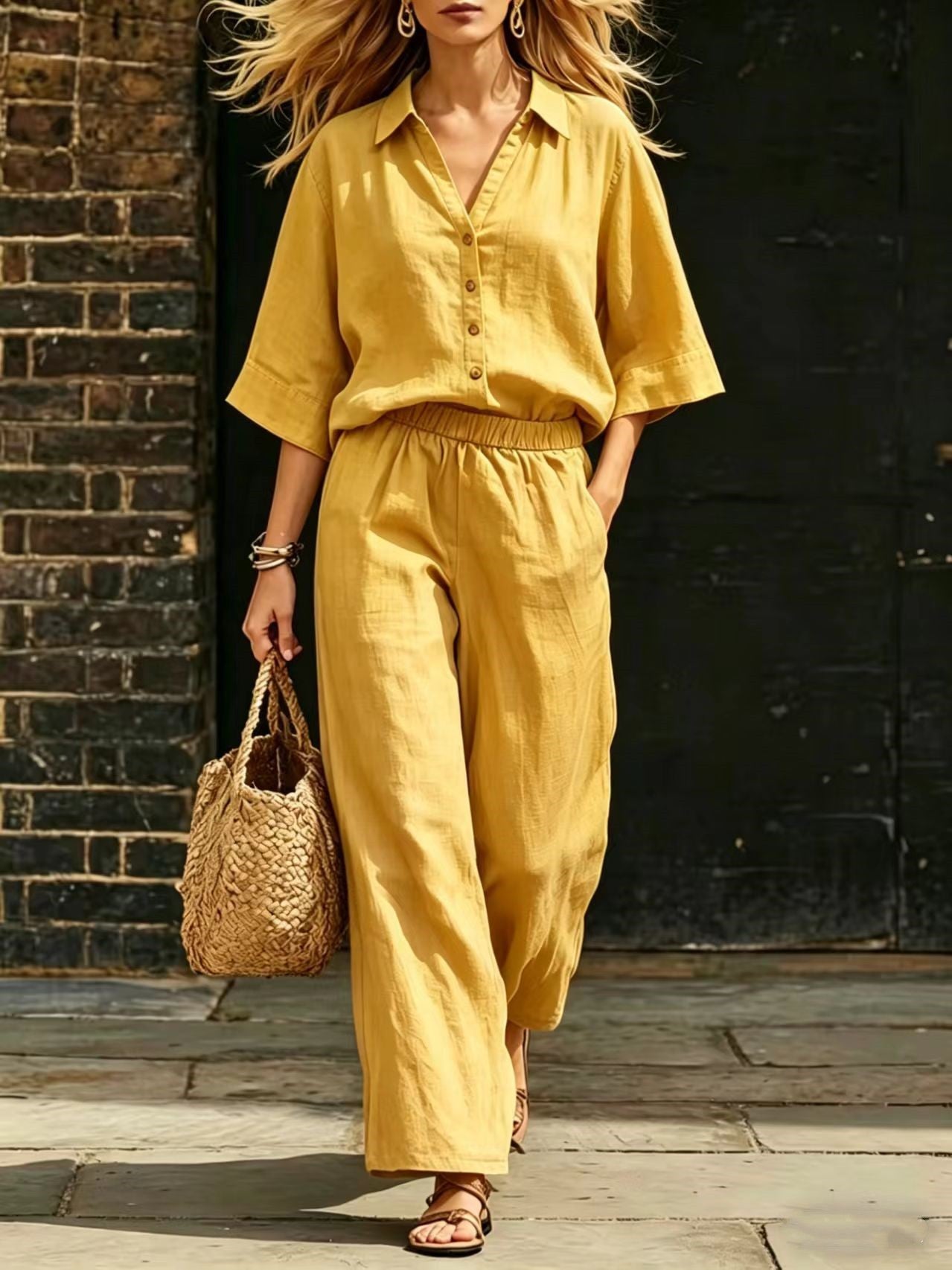 Womens Short-Sleeve Shirt And Loose Pants Two-Piece Set