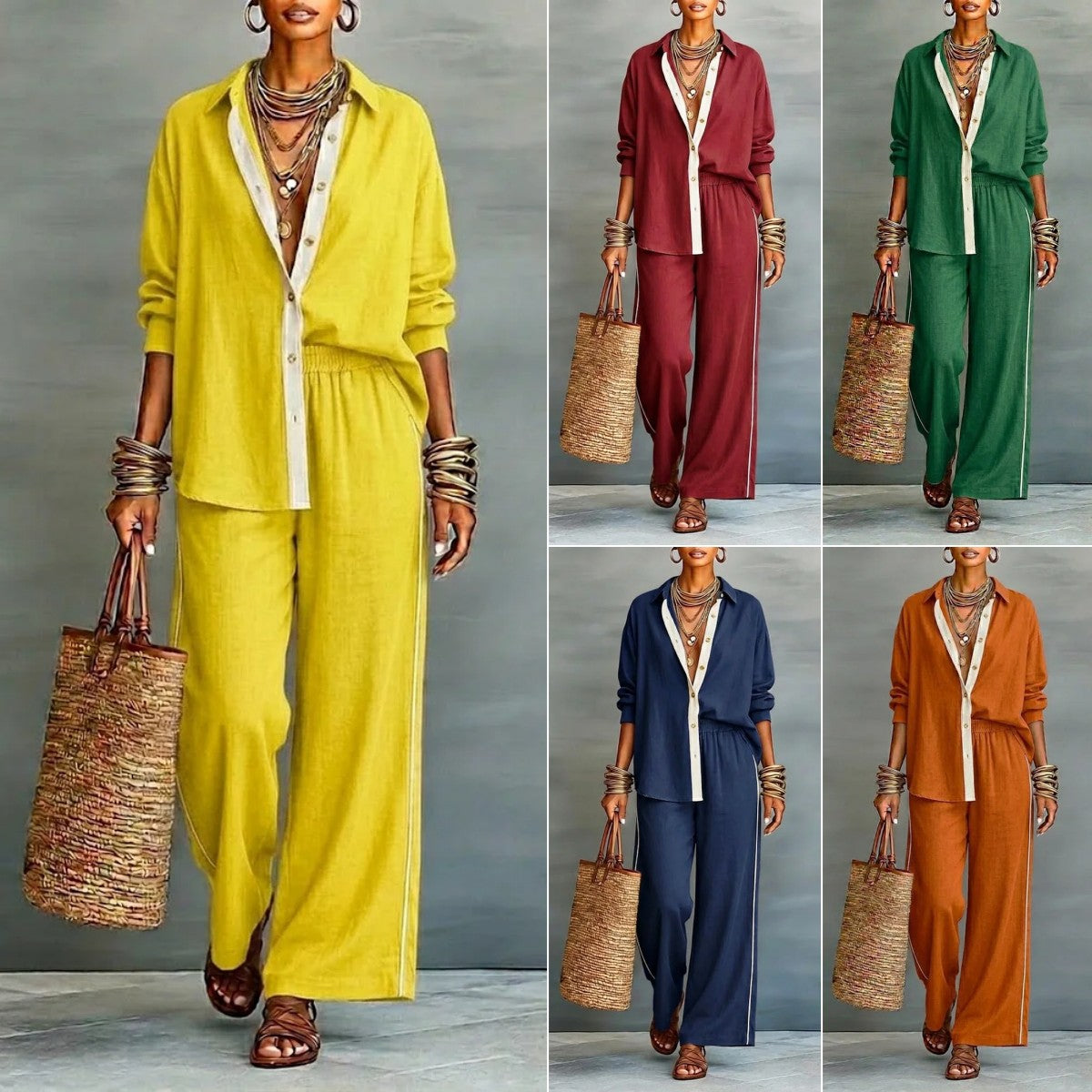 Contrast-color Casual Solid-color Loose Pants Two-piece Set