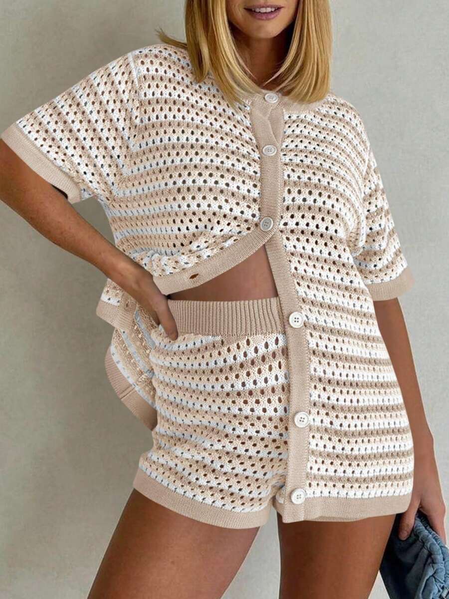 Spring Summer New Womens Knitted Colorblock Striped Short-Sleeve Two-Piece Set