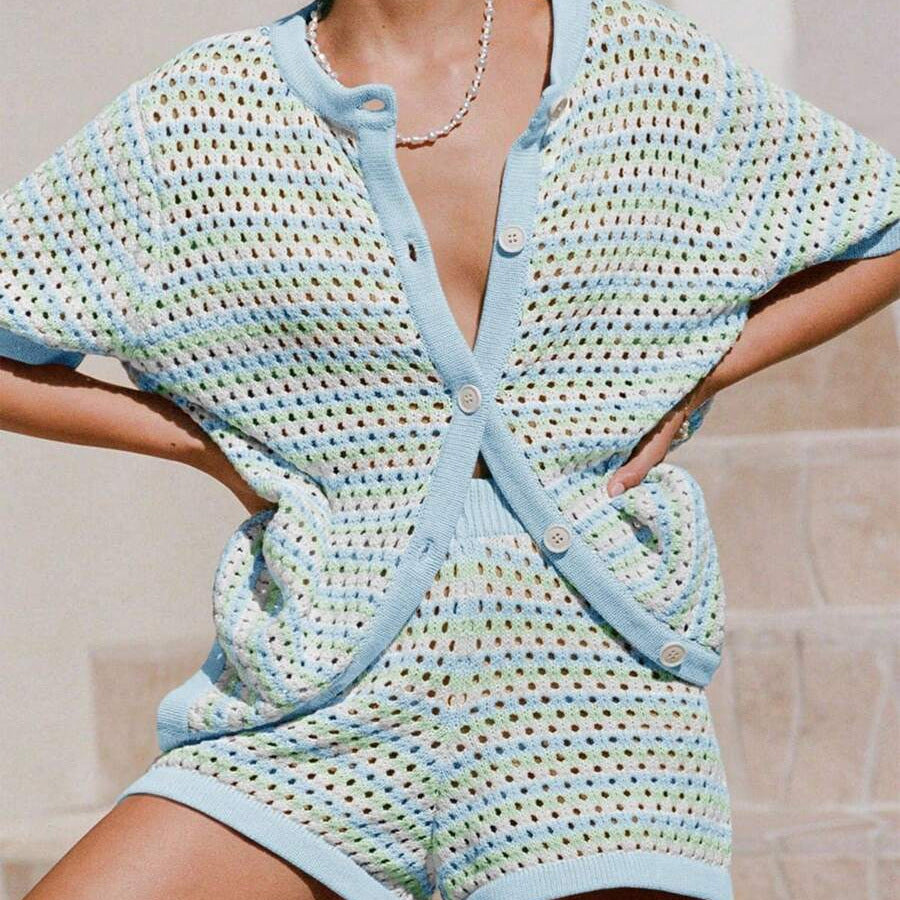 Spring Summer New Womens Knitted Colorblock Striped Short-Sleeve Two-Piece Set