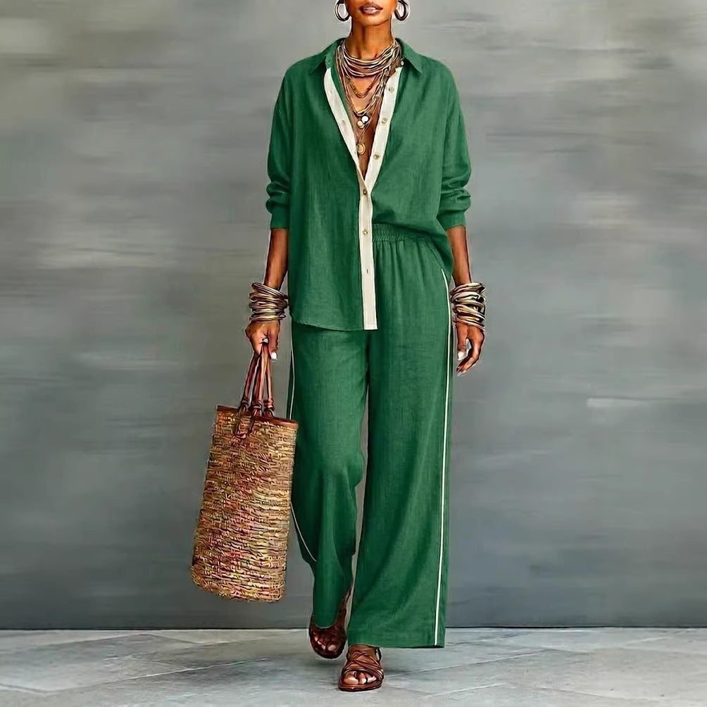 Contrast-color Casual Solid-color Loose Pants Two-piece Set