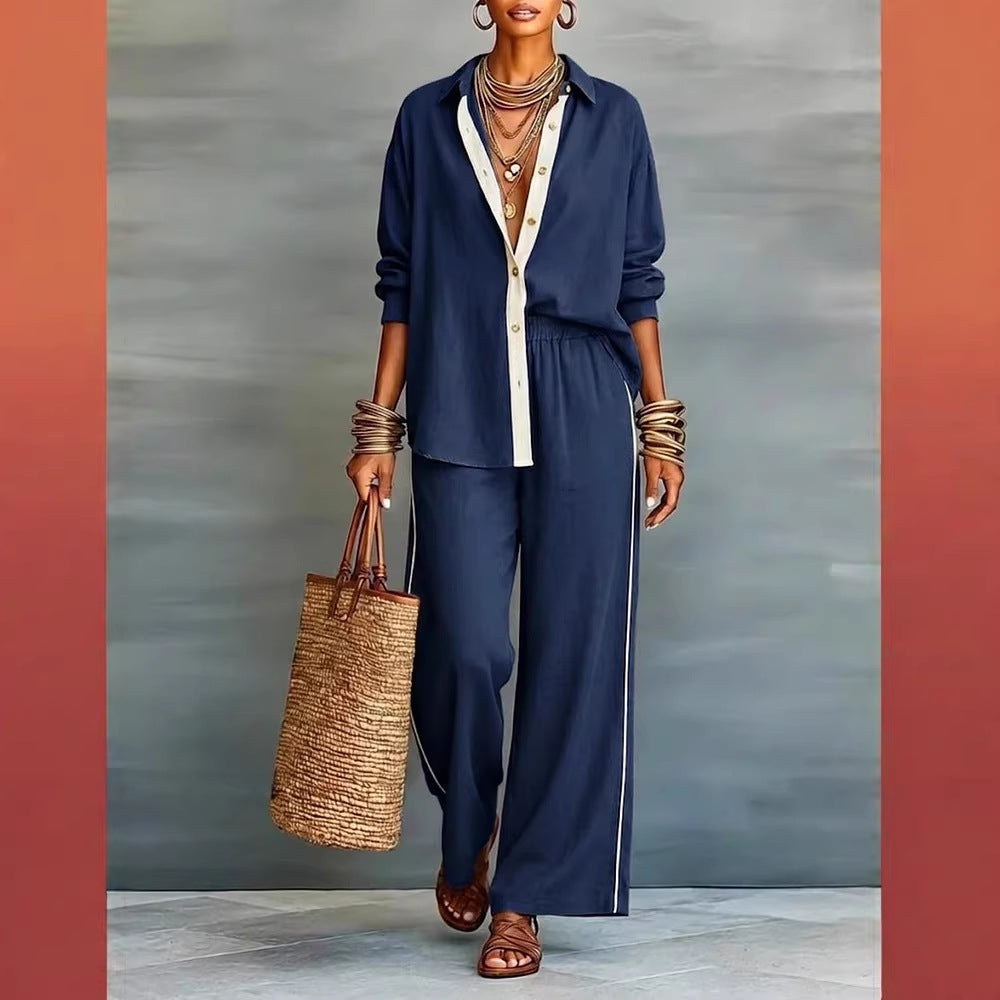 Contrast-color Casual Solid-color Loose Pants Two-piece Set