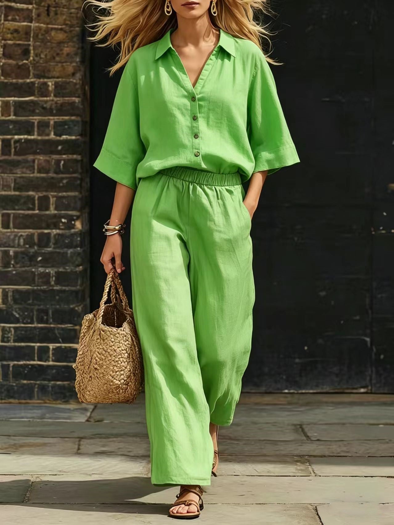 Womens Short-Sleeve Shirt And Loose Pants Two-Piece Set