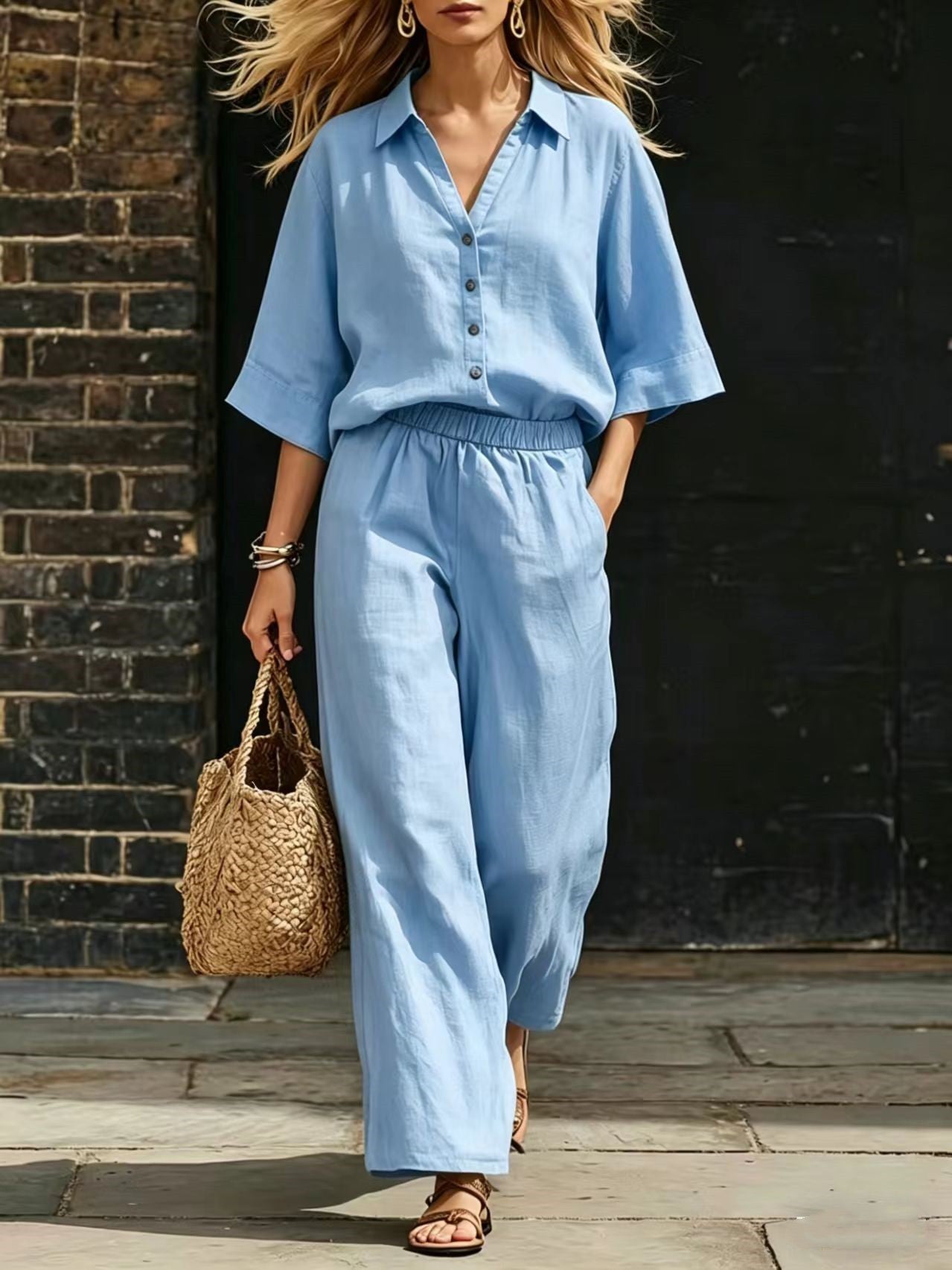 Womens Short-Sleeve Shirt And Loose Pants Two-Piece Set