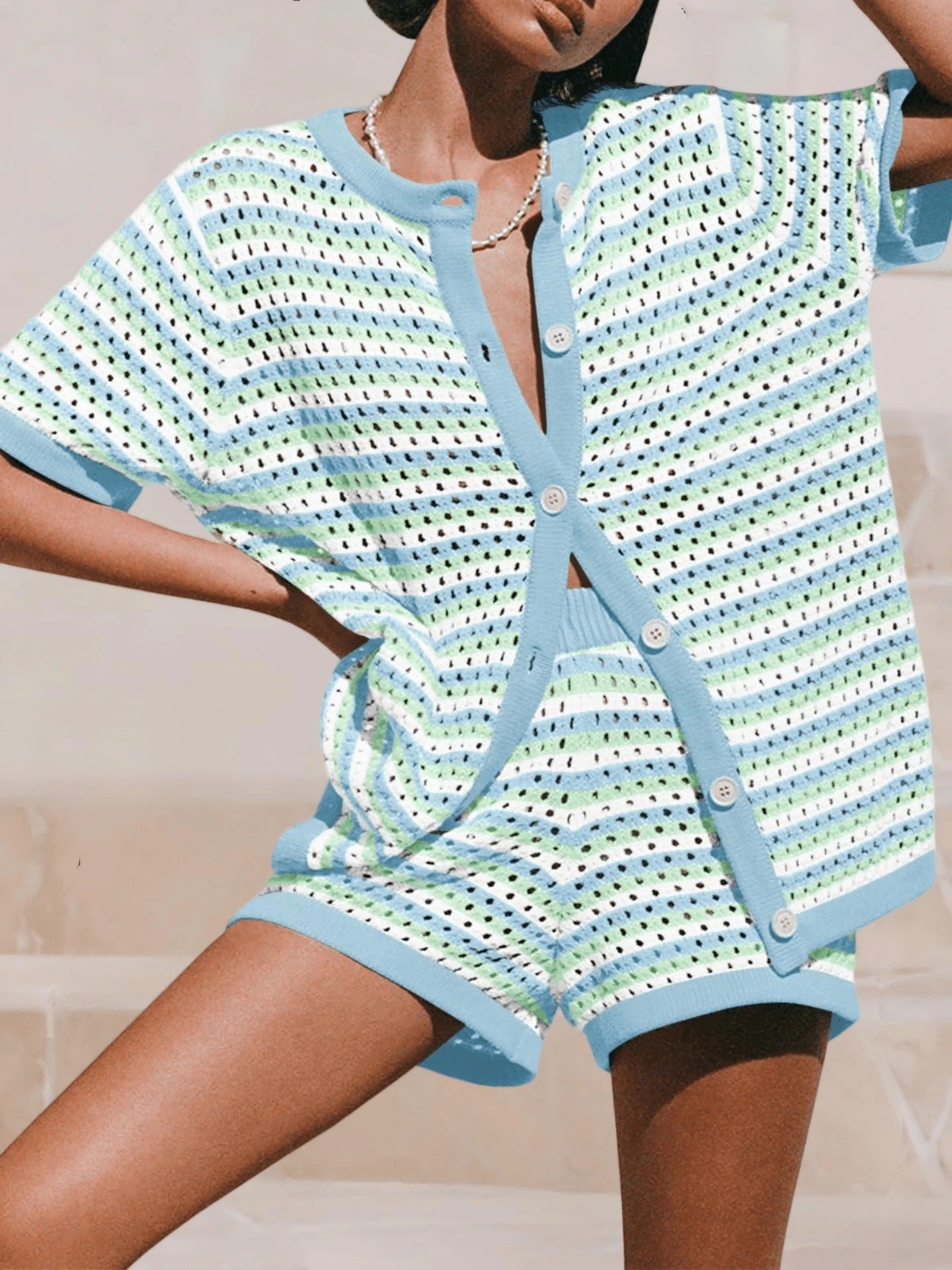 Spring Summer New Womens Knitted Colorblock Striped Short-Sleeve Two-Piece Set