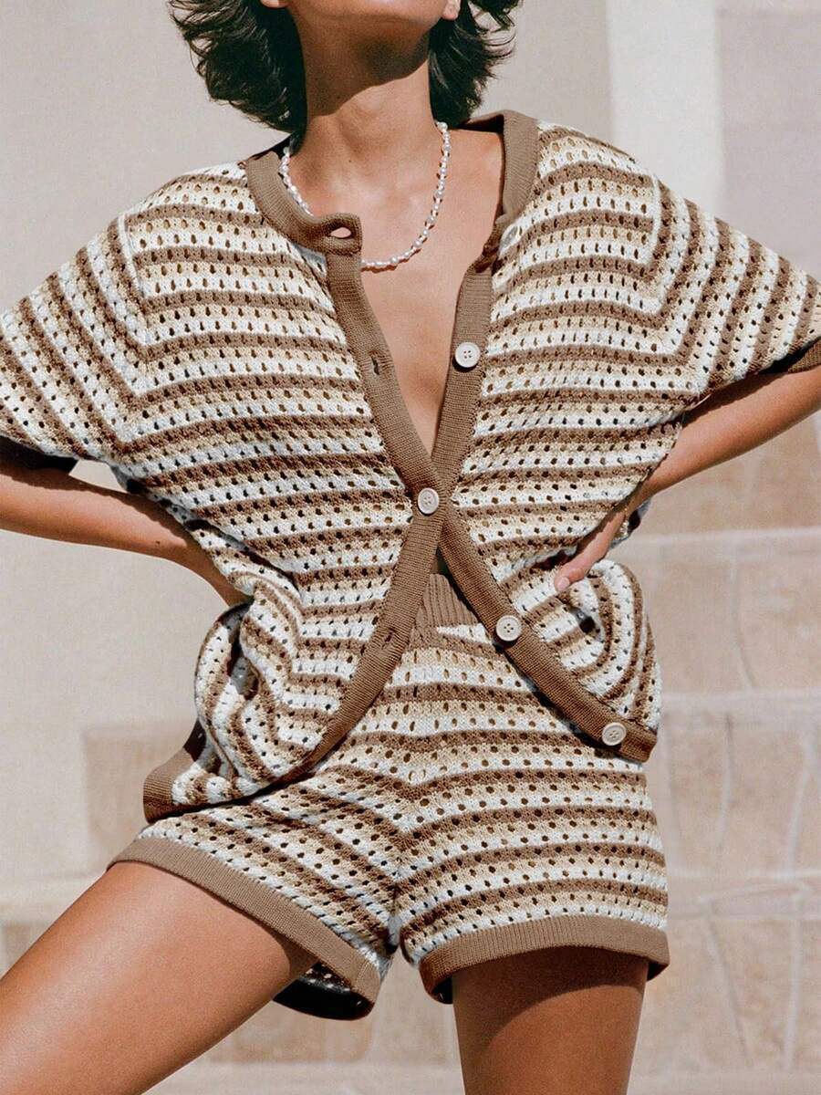 Spring Summer New Womens Knitted Colorblock Striped Short-Sleeve Two-Piece Set