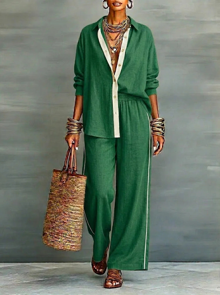 Contrast-color Casual Solid-color Loose Pants Two-piece Set