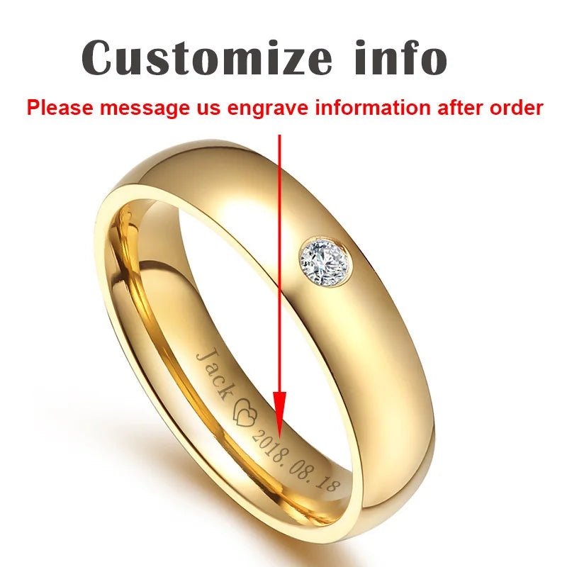 Vnox Classic Wedding Rings for Women Men Gold Color Stainless Steel Couple Band Anniversary Personalized Name Lovers Gift