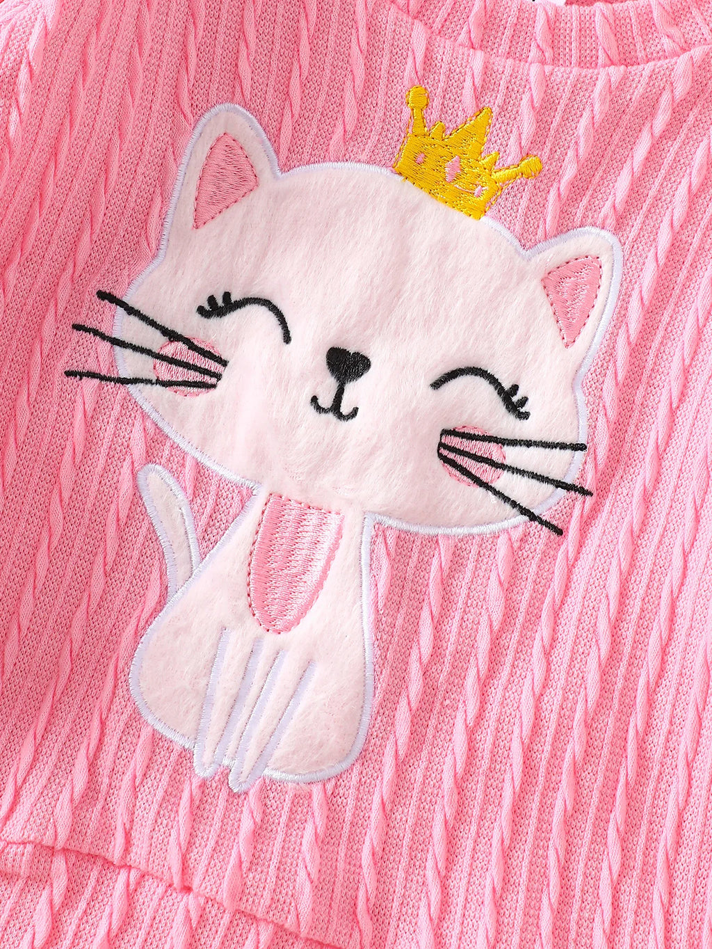 Baby Girl Soft Knit Fabric Set for Spring and Autumn, Pink Crown Cat Embroidery Top with Ruffled Cuffs and Pants, Outdoor Outfit