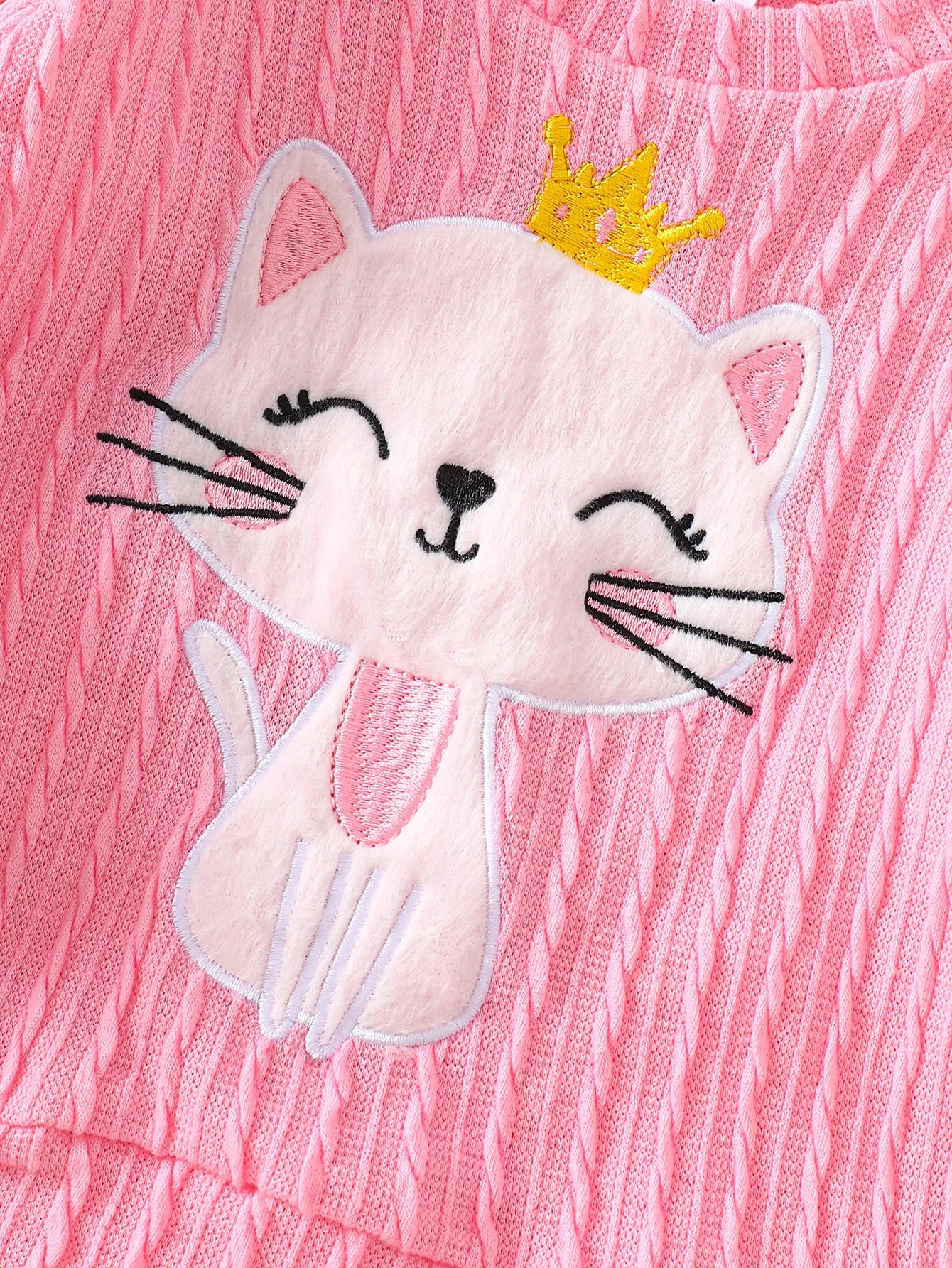 Baby Girl Soft Knit Fabric Set for Spring and Autumn, Pink Crown Cat Embroidery Top with Ruffled Cuffs and Pants, Outdoor Outfit