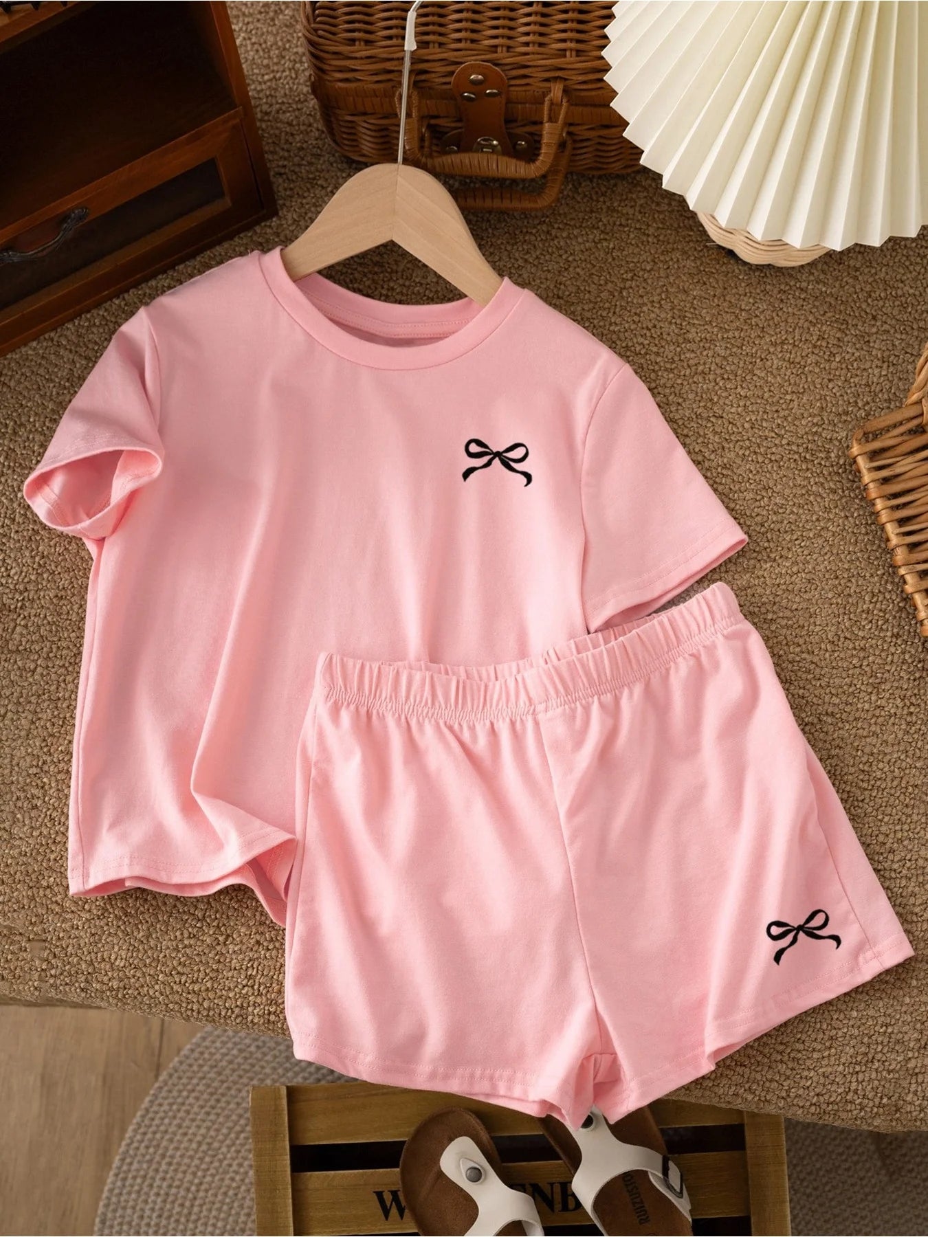 2026 casual children's clothing solid color printed round neck short sleeved top+solid color printed wide leg shorts pants set