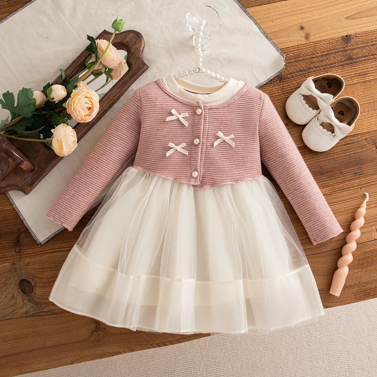 Baby Girl Dress Spring And Autumn Bow Knitted Mesh Long Sleeve Girl Dress Cute Princess Dress For Girls Baby Girl Clothes