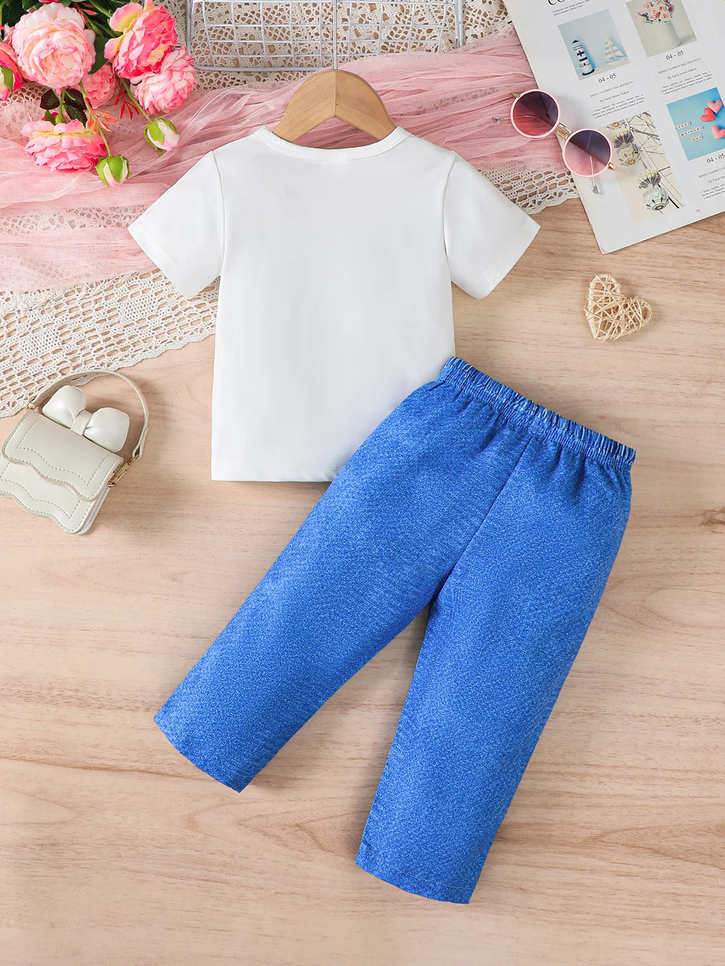 Summer  0-3  Years  Old  Infant  Baby  Girls  Peach  Heart   Printed  Short  Sleeved  Top  And  Denim  Printed  Pants   2-Piece