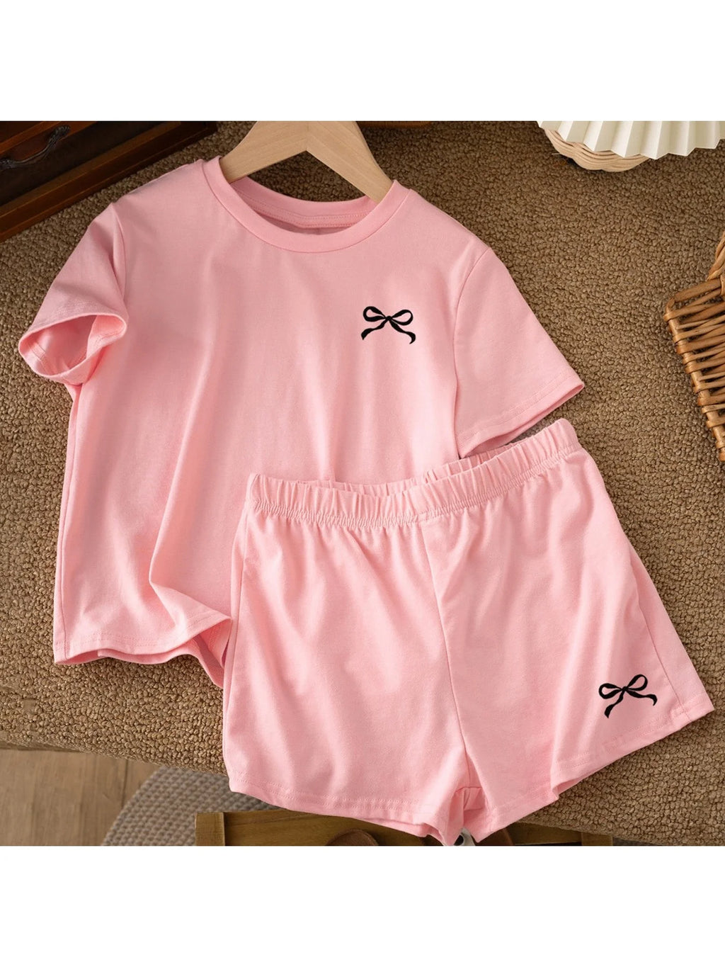 2026 casual children's clothing solid color printed round neck short sleeved top+solid color printed wide leg shorts pants set