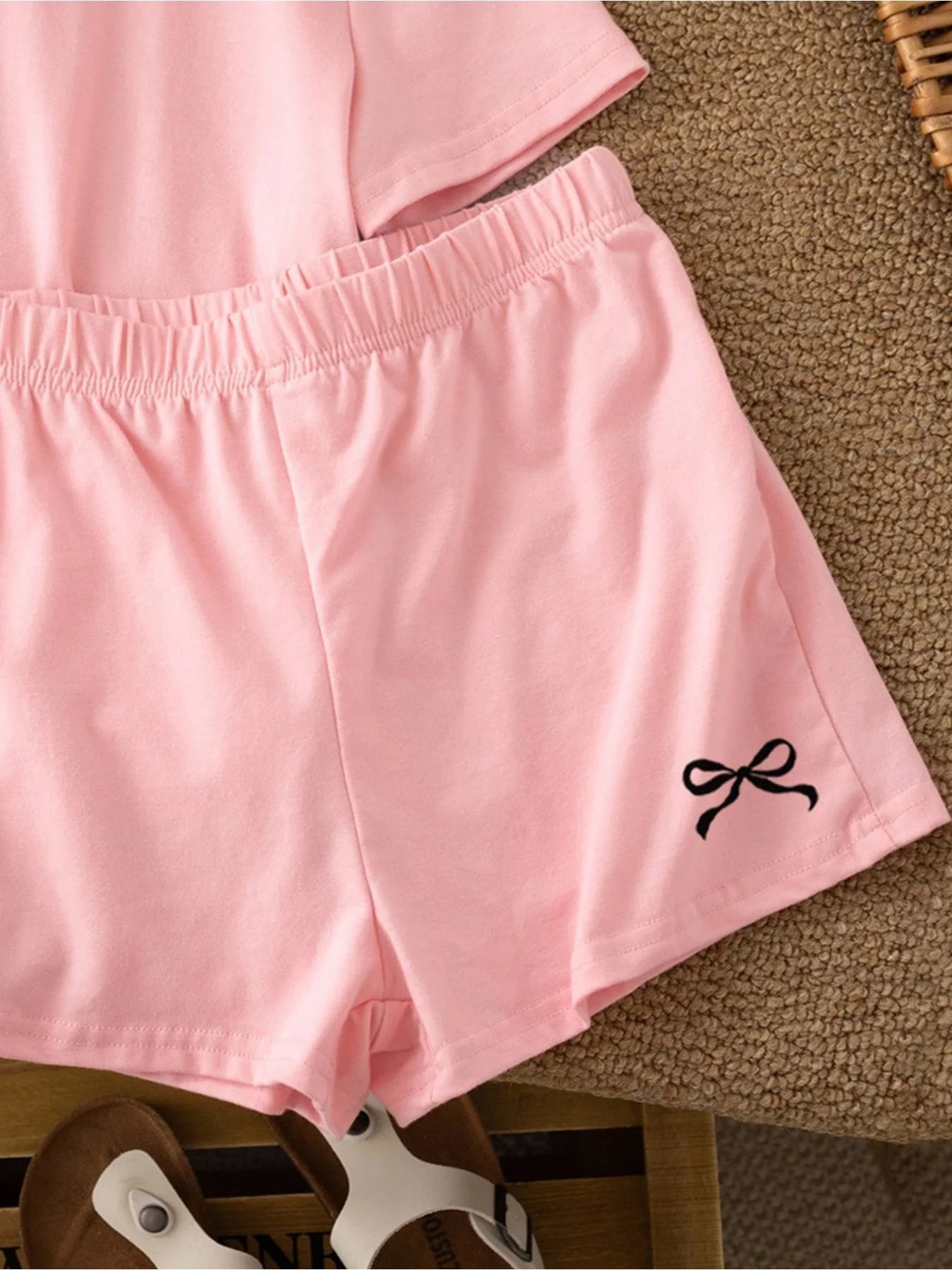 2026 casual children's clothing solid color printed round neck short sleeved top+solid color printed wide leg shorts pants set