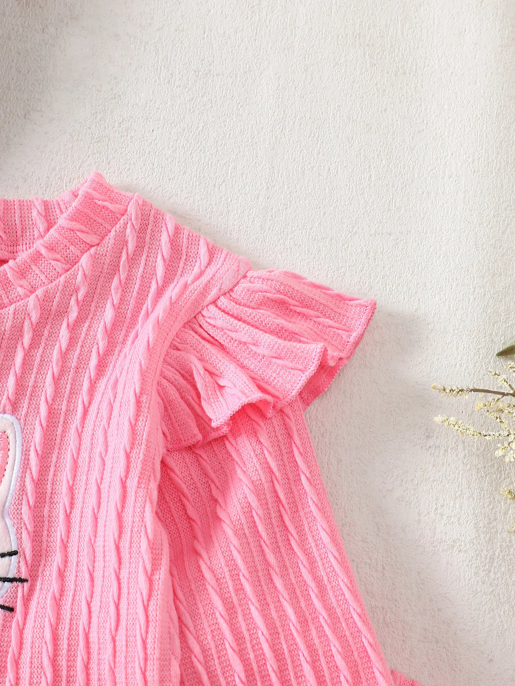 Baby Girl Soft Knit Fabric Set for Spring and Autumn, Pink Crown Cat Embroidery Top with Ruffled Cuffs and Pants, Outdoor Outfit