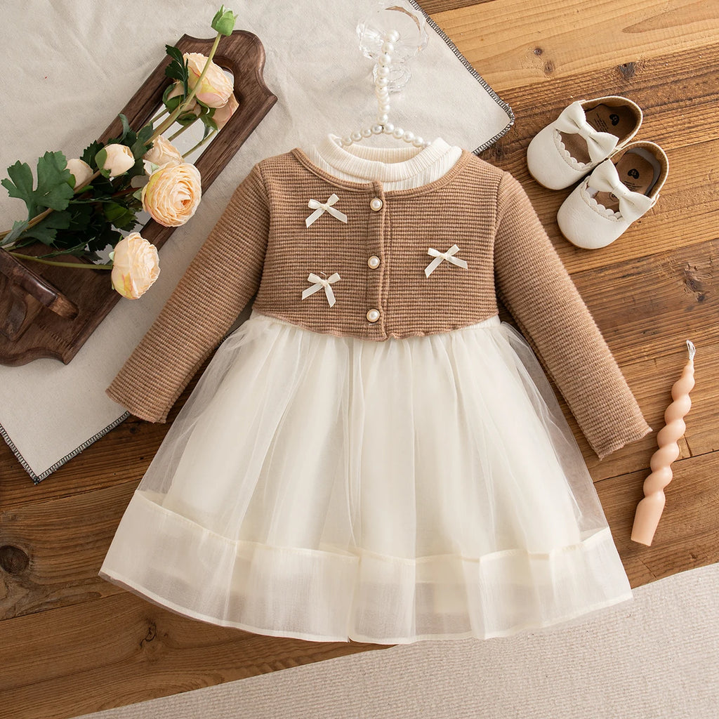 Baby Girl Dress Spring And Autumn Bow Knitted Mesh Long Sleeve Girl Dress Cute Princess Dress For Girls Baby Girl Clothes