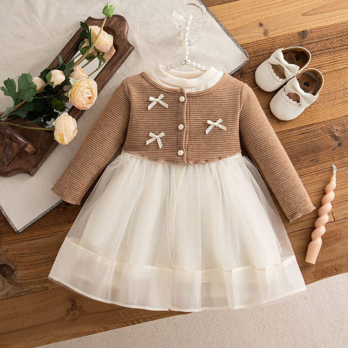 Baby Girl Dress Spring And Autumn Bow Knitted Mesh Long Sleeve Girl Dress Cute Princess Dress For Girls Baby Girl Clothes
