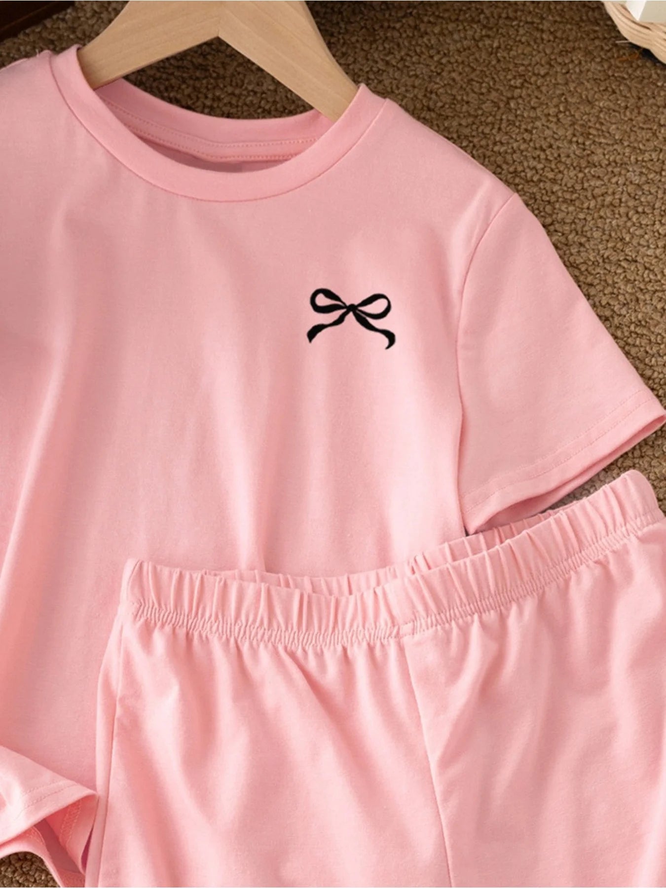 2026 casual children's clothing solid color printed round neck short sleeved top+solid color printed wide leg shorts pants set