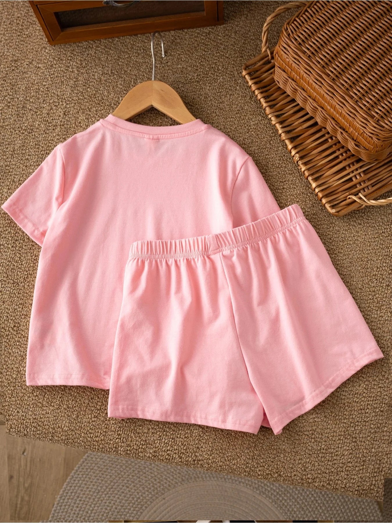 2026 casual children's clothing solid color printed round neck short sleeved top+solid color printed wide leg shorts pants set