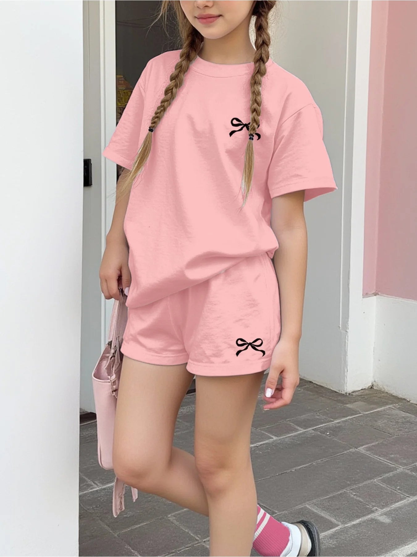 2026 casual children's clothing solid color printed round neck short sleeved top+solid color printed wide leg shorts pants set