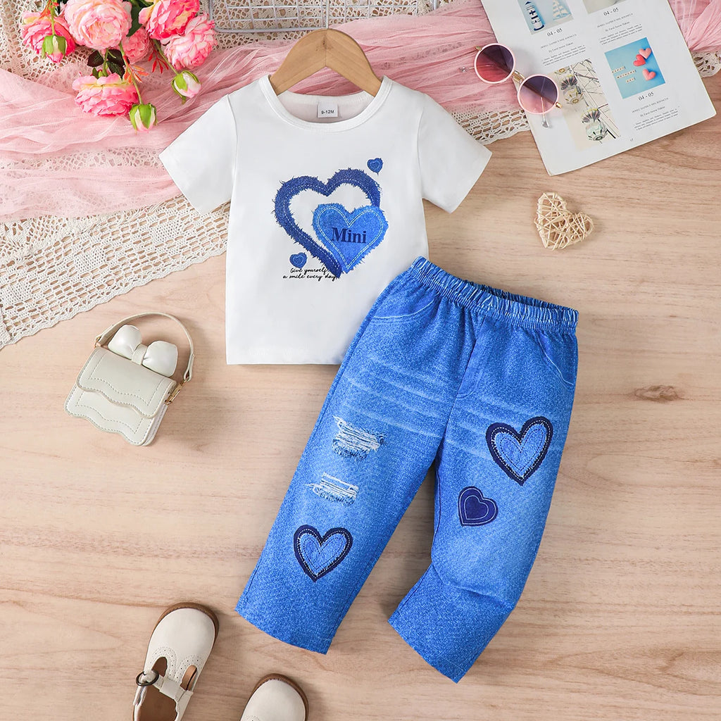 Summer  0-3  Years  Old  Infant  Baby  Girls  Peach  Heart   Printed  Short  Sleeved  Top  And  Denim  Printed  Pants   2-Piece