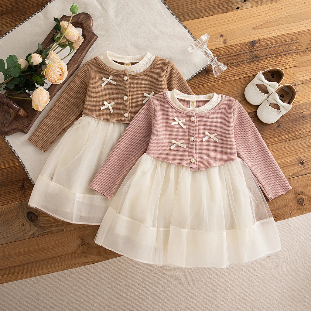 Baby Girl Dress Spring And Autumn Bow Knitted Mesh Long Sleeve Girl Dress Cute Princess Dress For Girls Baby Girl Clothes