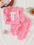 Baby Girl Soft Knit Fabric Set for Spring and Autumn, Pink Crown Cat Embroidery Top with Ruffled Cuffs and Pants, Outdoor Outfit