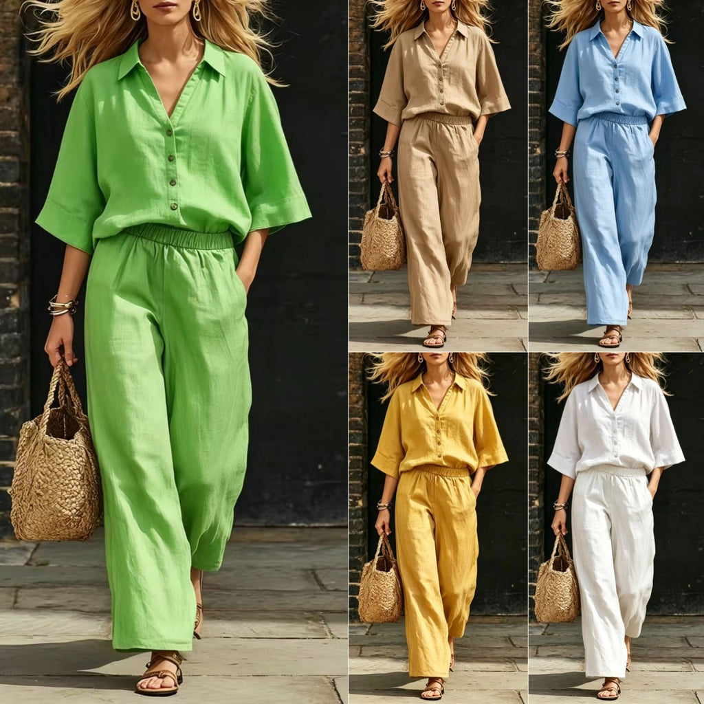 Womens Short-Sleeve Shirt And Loose Pants Two-Piece Set