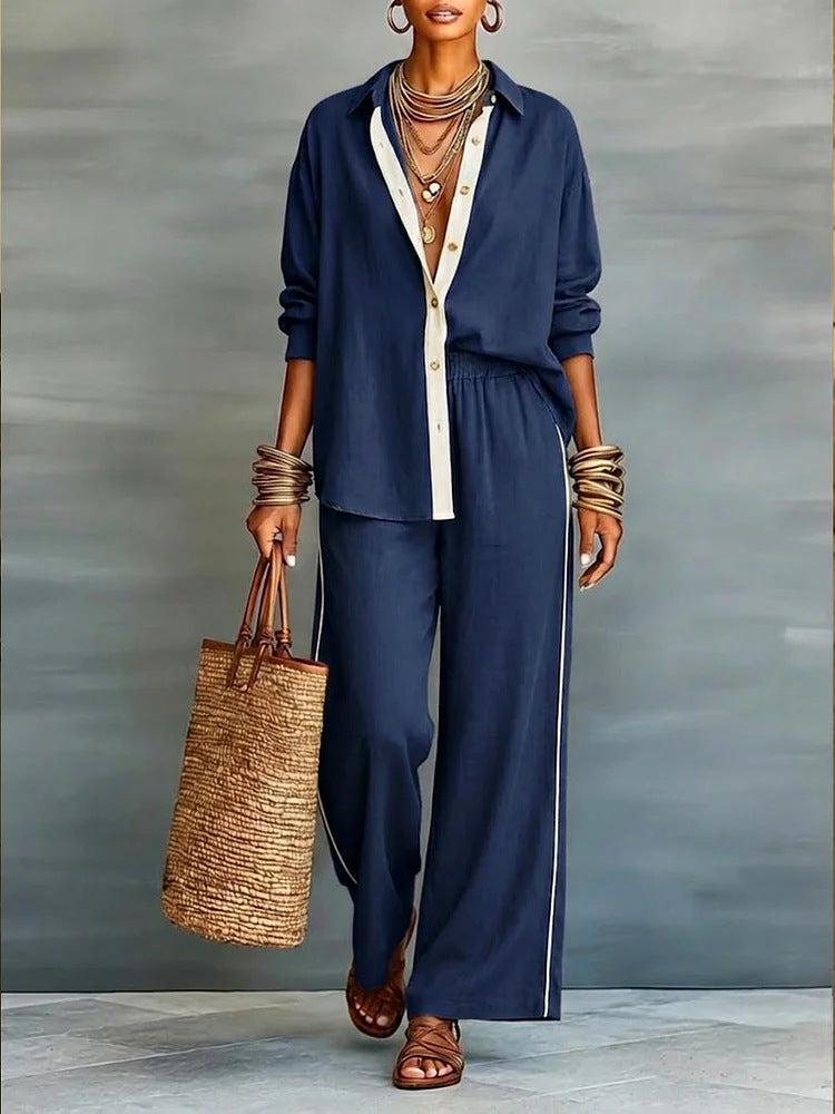 Contrast-color Casual Solid-color Loose Pants Two-piece Set