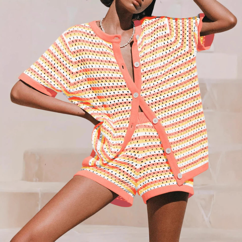 Spring Summer New Womens Knitted Colorblock Striped Short-Sleeve Two-Piece Set