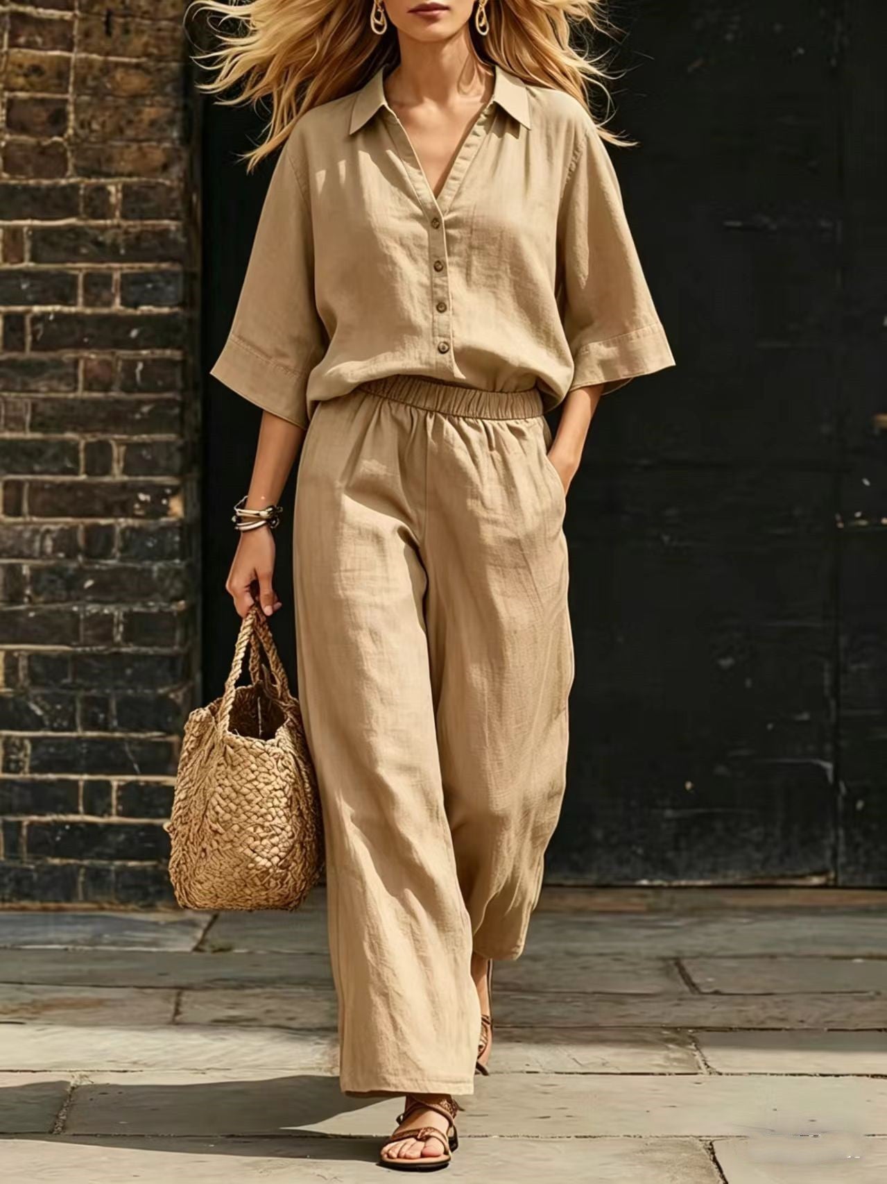 Womens Short-Sleeve Shirt And Loose Pants Two-Piece Set