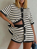 Spring Summer New Womens Knitted Colorblock Striped Short-Sleeve Two-Piece Set