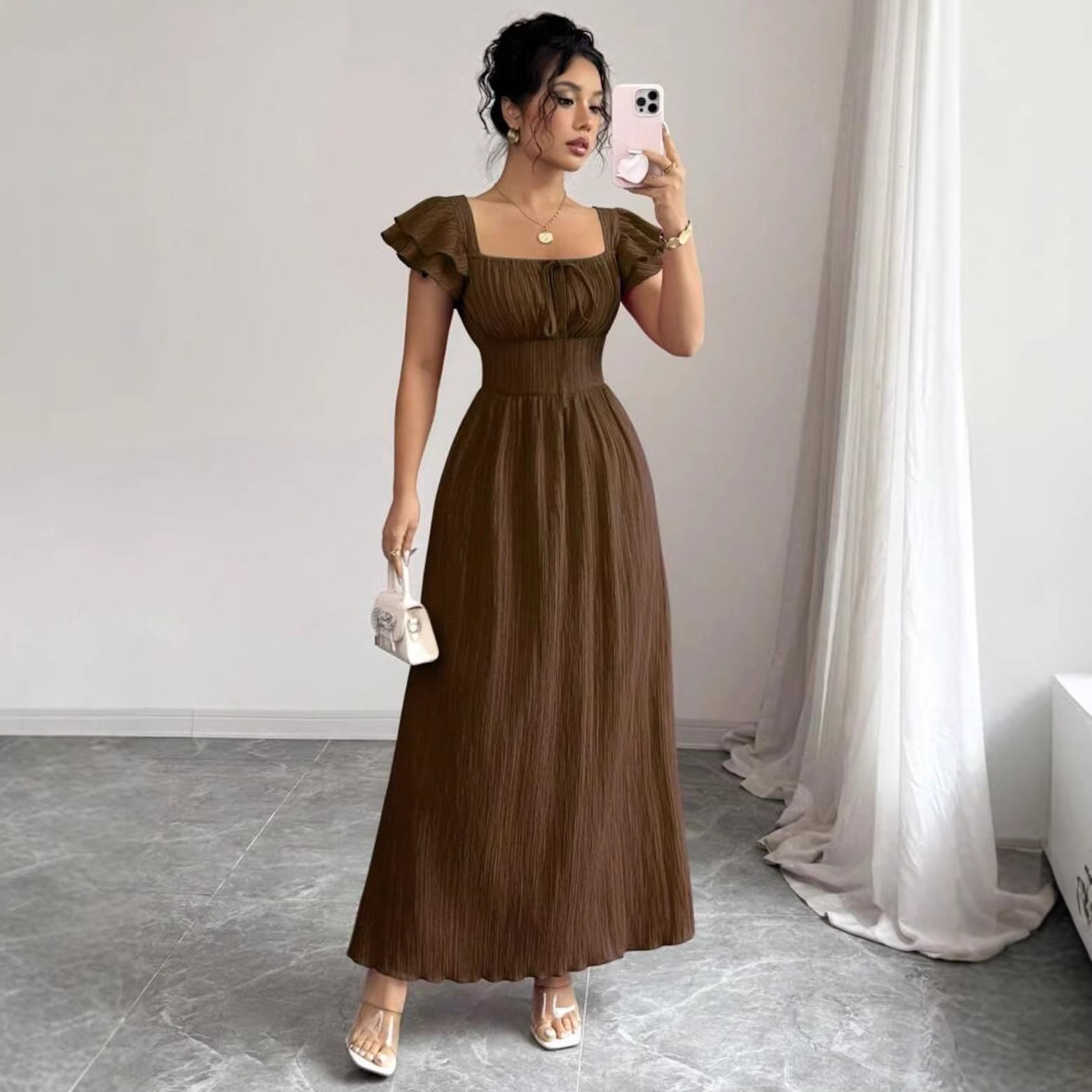Skinny Waist Skirt Solid Color French Dress
