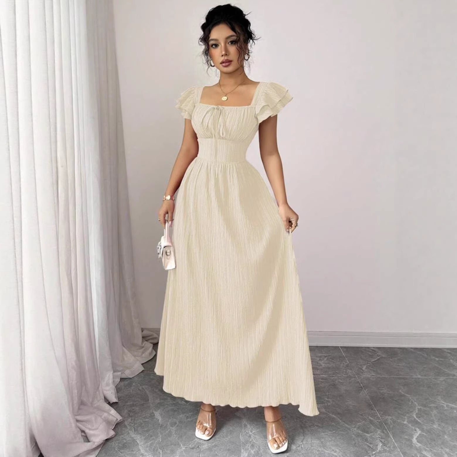 Skinny Waist Skirt Solid Color French Dress
