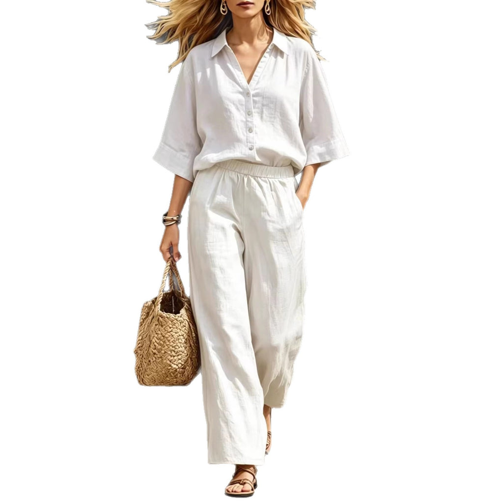 Womens Short-Sleeve Shirt And Loose Pants Two-Piece Set