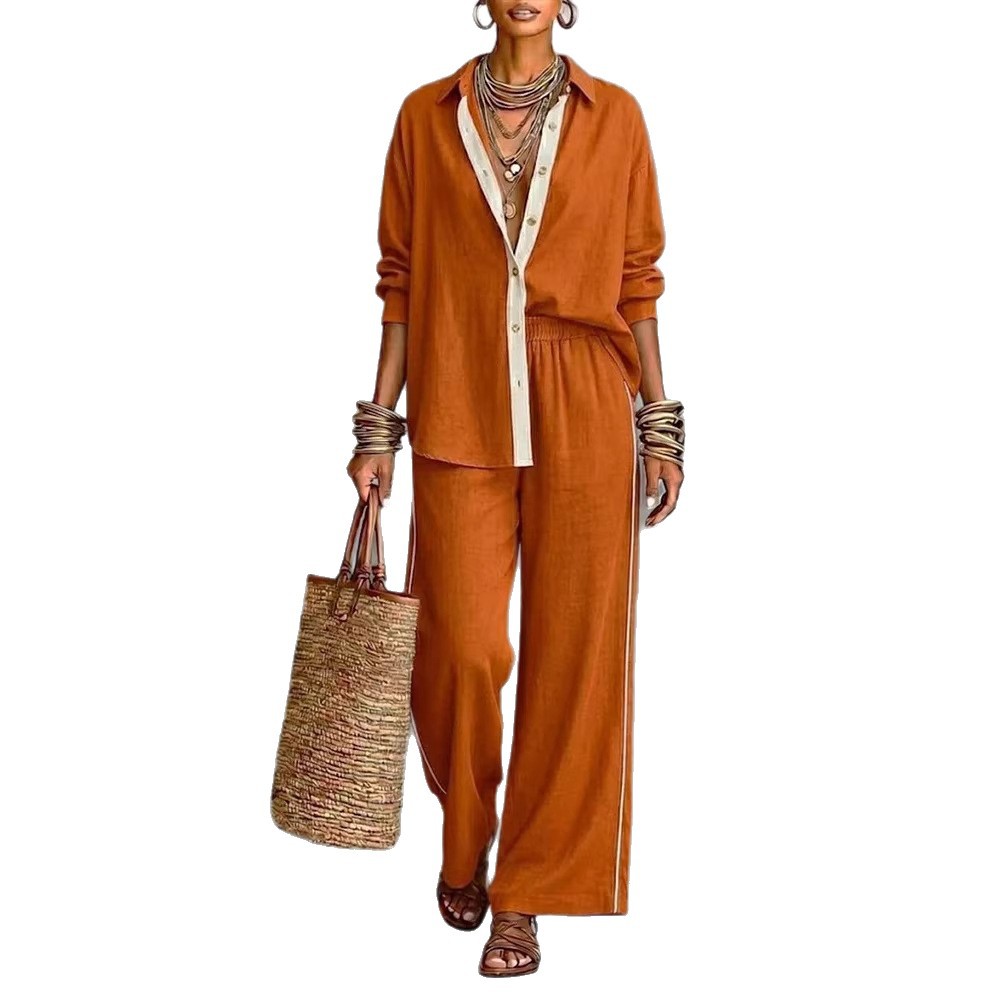 Contrast-color Casual Solid-color Loose Pants Two-piece Set